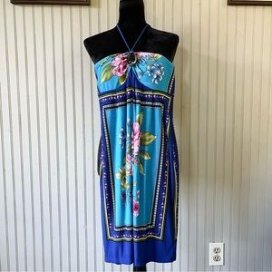 Vintage Y2K Blue Hibiscus Halter top Mini Dress